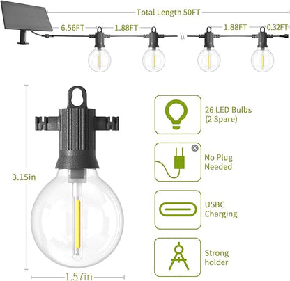 ZOTOYI Solar Outdoor String Lights 50FT, Waterproof with USB Port, G40 Globe Solar Patio Light with 26 Edison Bulbs, Shatterproof Hanging Lights for Porch Backyard Pergola Bistro