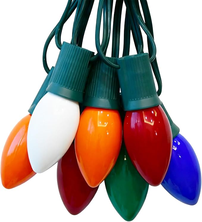 C9 Vintage Christmas String Lights with 26 Multicolor Ceramic Bulbs, 25FT Hanging Outdoor & Indoor String Lights for Christmas Tree Patio Roofline Decoration (Green Wire)