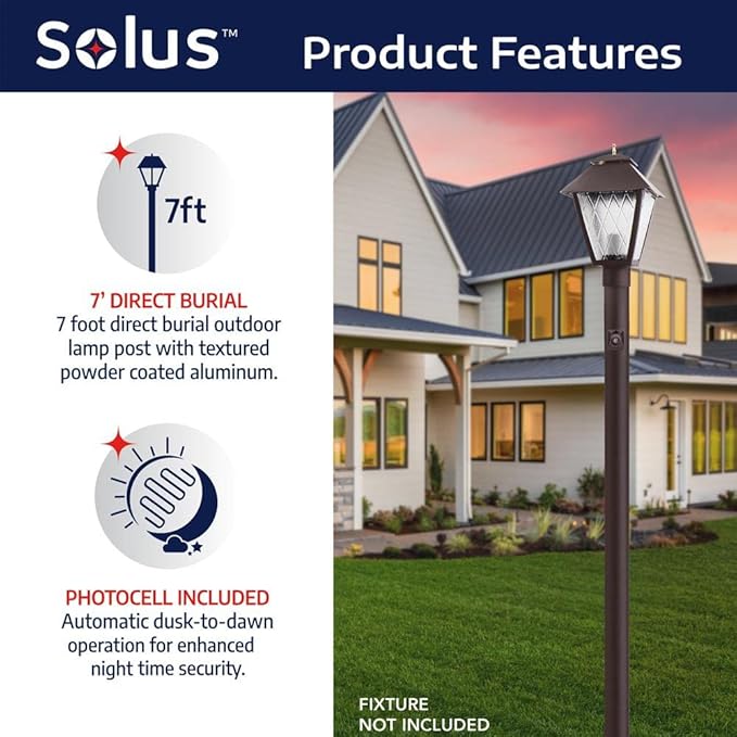 Solus 7-Foot Direct Burial Lamp Post – Aluminum Outdoor Light Pole with Dusk-to-Dawn Sensor – Fits 3" Fixtures – | Lumora