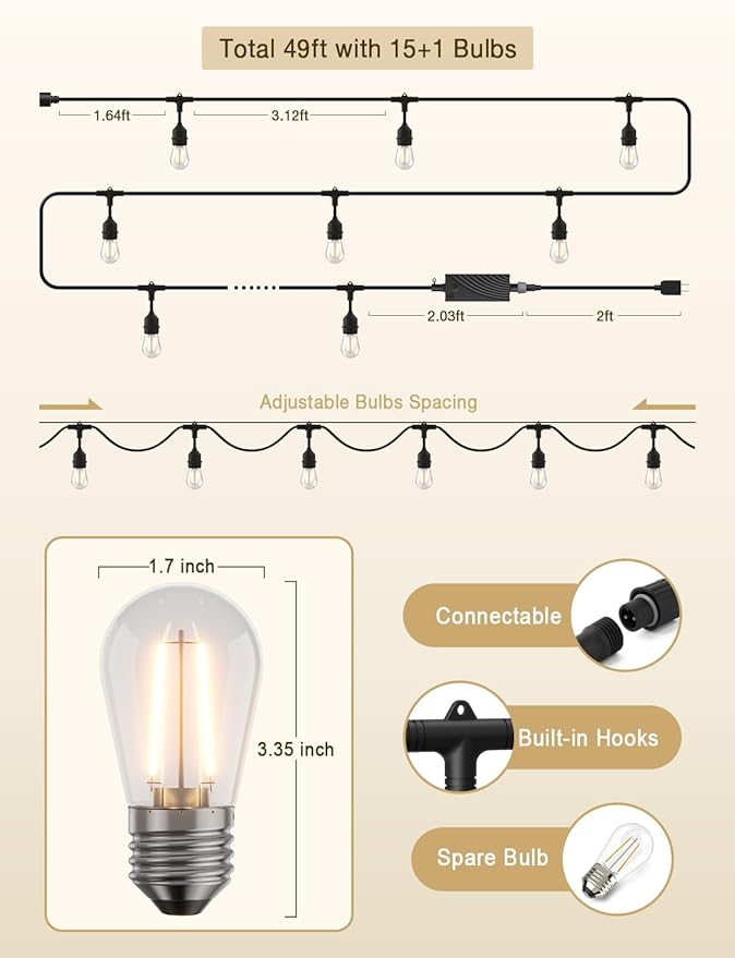 XMCOSY+ Smart LED String Lights for Outside 144Ft with 45 Dimmable Edison Bulbs Waterproof Shatterproof