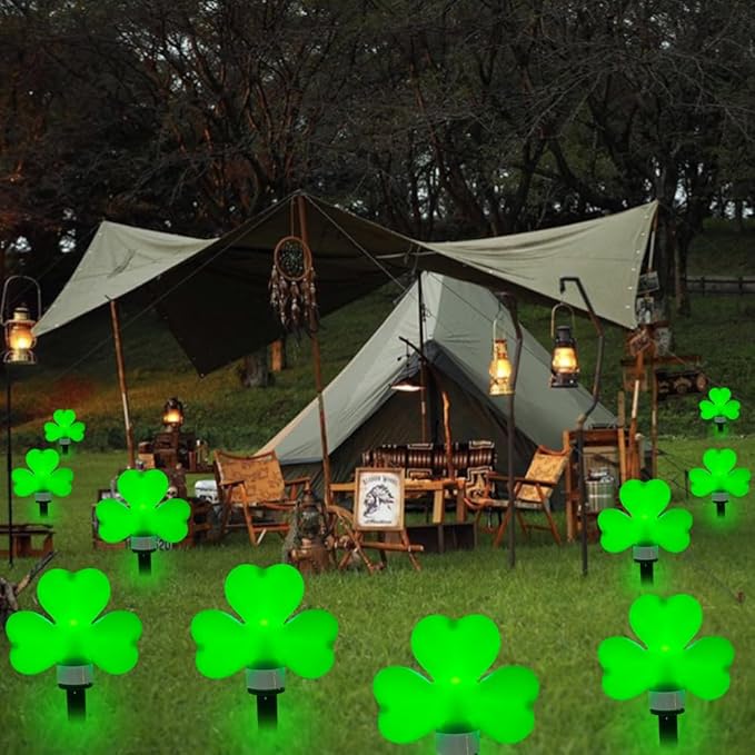 St Patricks Day Decorations Solar Garden Lights Outdoor Waterproof 8 Pack Green Shamrock Three Leaf Lucky Clover Solar Stake Lights 8 Modes for Yard Pathway Party Outside Irish St. Patrick's Day Decor