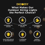 Diodesy- 24Ft Outdoor String Lights with S14 LED Shatterproof Edison Bulb & 7 Hanging Socket Commercial Grade E26 | Lumora