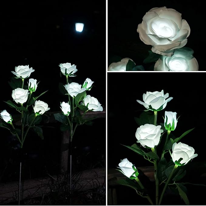 Solar Garden Rose Lights, Decorman 2 Pack Realistic Solar Outdoor Flower Lights Waterproof LED Stake Landscape Decorative Lights with 10 Roses for Garden, Lawn, Yard, Pathway, Patio, Backyard (White)