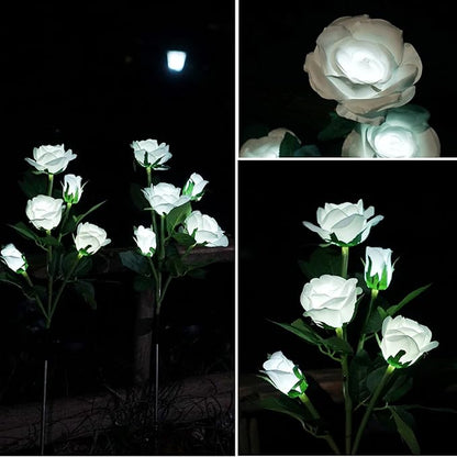 Solar Garden Rose Lights, Decorman 2 Pack Realistic Solar Outdoor Flower Lights Waterproof LED Stake Landscape Decorative Lights with 10 Roses for Garden, Lawn, Yard, Pathway, Patio, Backyard (White)