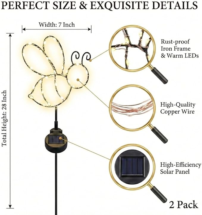 Touch Of ECO Outdoor Solar Powered LED Decorative Garden Stake Light - 2 Pack Warm White Bee Design - Great Decor for Yard, Patio, Lawn, Planter-Makes a Great Gift