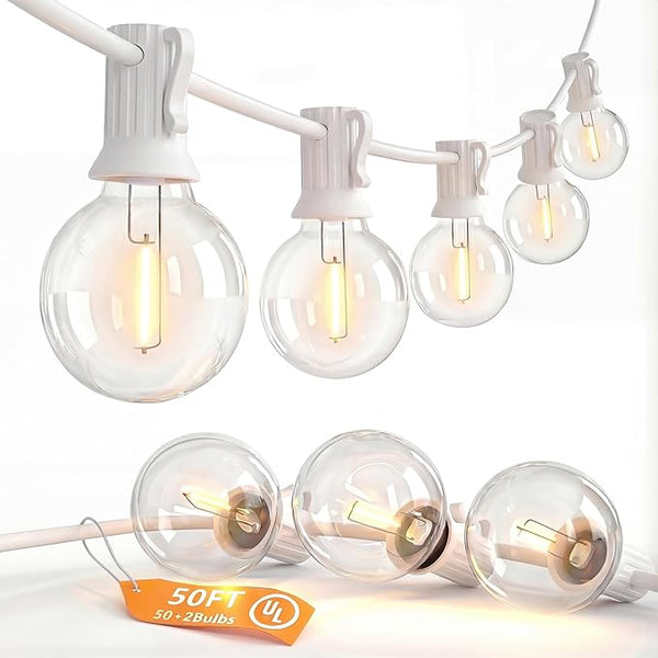 SUNSGNE White String Lights Outdoor, 50FT White Outdoor Lights with 52 G40 Shatterproof LED Bulbs(2 Spare) for | Lumora