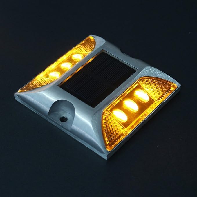 Solar Driveway Ultra Bright Lights Dock Deck Lights Wireless Solar Powered Waterproof Outdoor Warning Step Lights for Driveway Pathway Metal Ground 6 LED Light 3 Each Side Yellow Color (Pack of 2)