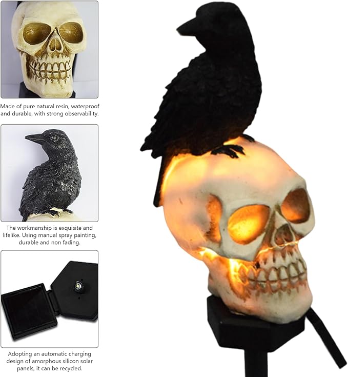 Pathway Lighting, Solar Garden Light for Halloween 6-8 Hours Solar Powered LED Crow Skull Solar Lights Ground Plug-in Pathway Solar Lights for Lawn, Backyard Look Left