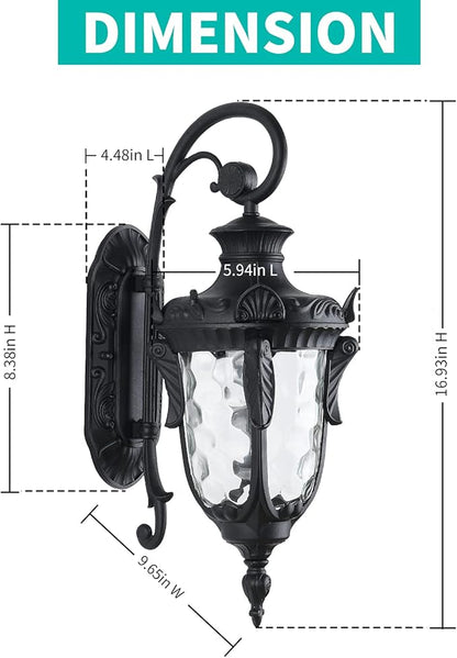 LONEDRUID Outdoor Wall Light Fixtures Black 16.93”H Exterior Wall Lantern Waterproof Sconce Porch Lights Wall Mount with Hammered Glass Shade for House