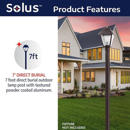 Solus 7-Foot Direct Burial Lamp Post – Outdoor Aluminum Light Pole – Fits Standard 3" Post Top Fixtures – Black, Bronze, or White, Made in USA, No Sensor, No Outlet (Bronze, Single)