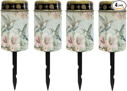 Poceacles Solar Lights Solar Cemetery Lights Solar Grave Lights Outdoor Waterproof Decoration Pathway Lights Garden Solar Candle for Memorial Day Decor, Hummingbird Hibiscus Green, Pack of 4