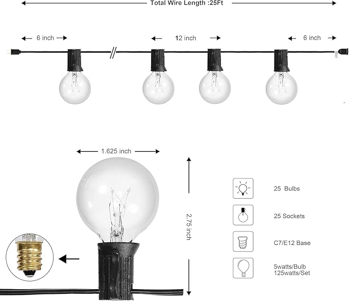 25Ft G40 Outdoor String Lights with 25 Clear Vintage Light Bulbs and 25 Pack G40 Replacement Light Bulbs, C7/E12 Screw Base, 5W Black Wire
