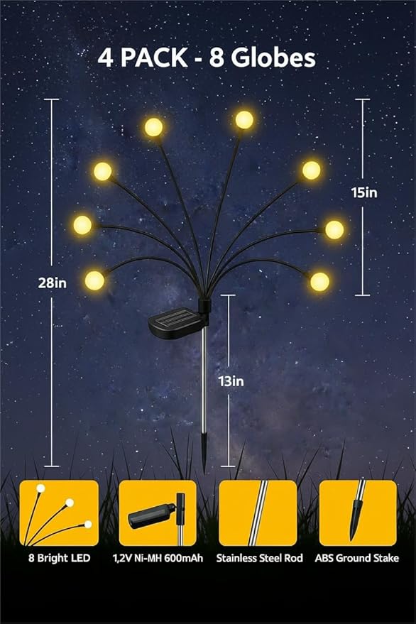 Firefly Solar Lights Outdoor, 4 Pack Swaying Garden Stake Lights, 32 LED Warm White, 600mAh Battery, IP65 Weather Resistant, Auto On/Off, Yard Decor Stakes for Patio Lawn Pathway
