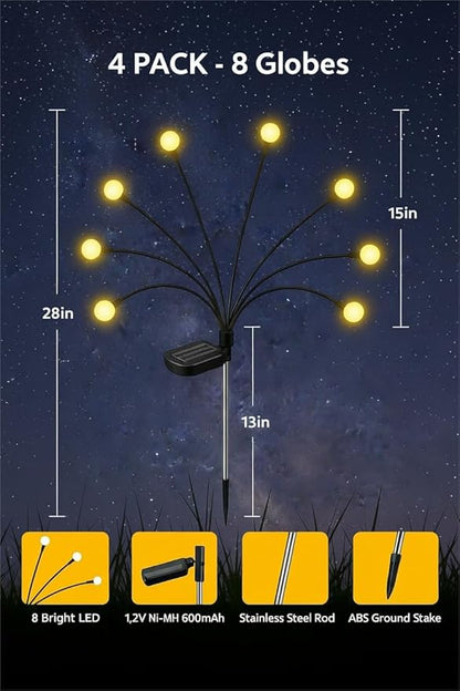 Firefly Solar Lights Outdoor, 4 Pack Swaying Garden Stake Lights, 32 LED Warm White, 600mAh Battery, IP65 Weather Resistant, Auto On/Off, Yard Decor Stakes for Patio Lawn Pathway