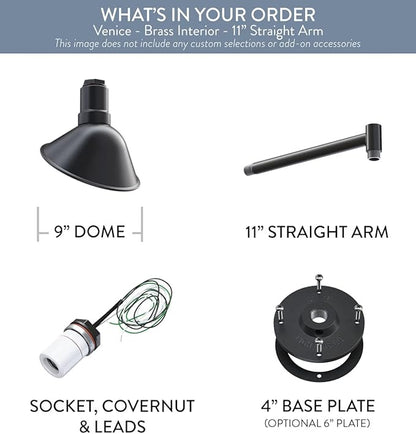 Steel Lighting Co. Venice Store Sign Light | for Outdoor Restaurant Accent Wall | 9 inch Dome | 11 inch Straight Arm | Farmhouse Warehouse Style Made in America | Matte Black Exterior/Brass Interior
