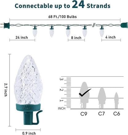 C9 LED Christmas Lights Outdoor, 68 Ft 100 LED C9 String Light with 100 All in One Clips, Connectable Waterproof Christmas Tree Lights for Outside Roofline Backyard Garden Decor, Pure White 2 Pack