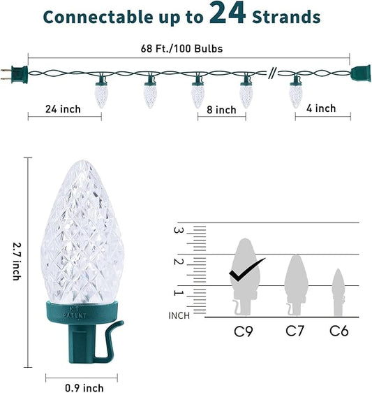 C9 LED Christmas Lights Outdoor, 68 Ft 100 LED C9 String Light with 100 All in One Clips, Connectable Waterproof Christmas Tree Lights for Outside Roofline Backyard Garden Decor, Pure White 2 Pack