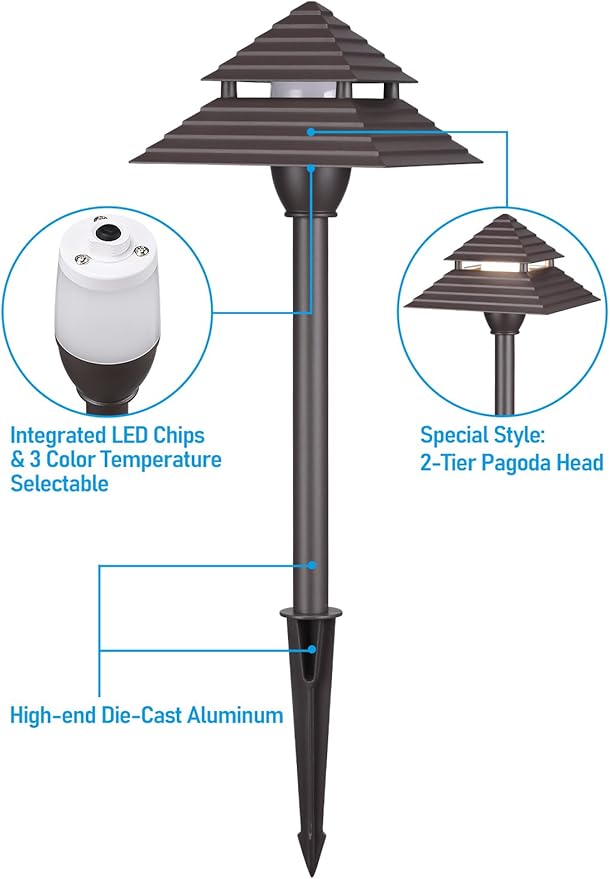 LEONLITE 3CCT Low Voltage Pathway Lights, LED Landscape Path Lights, 3000K/4000K/5000K, 2-Tier Pagoda Head, 12-15V AC/12-24V DC, IP65 Outdoor Walkway Light, Bronze Aluminum Housing, Pack of 6