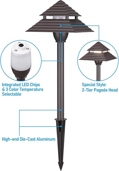 LEONLITE 3CCT Low Voltage Pathway Lights, LED Landscape Path Lights, 3000K/4000K/5000K, 2-Tier Pagoda Head, 12-15V AC/12-24V DC, IP65 Outdoor Walkway Light, Bronze Aluminum Housing, Pack of 6