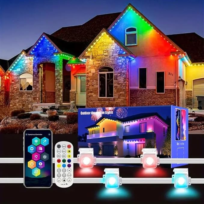 Permanent Outdoor Lights, 200FT RGB LED Smart Eaves Lights with 120 LEDs, IP67 Waterproof, Remote/APP Control, DIY Scene Modes, Music Sync Lighting for Party, House, All Holiday Decorations