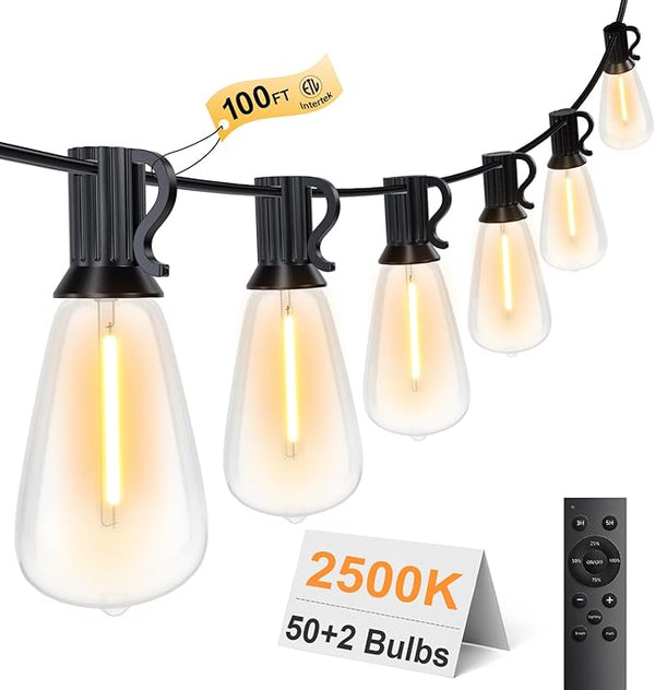 100FT Remote Outdoor String Lights for Outside, 50+2 LED Waterproof Shatterproof Edison Dimmable Timer Bulbs, 2500K | Lumora