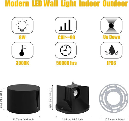 Kawell 8W Modern LED Wall Sconce Light Up Down Waterproof Outdoor Wall Lamp Indoor Hardwired for Bedroom Bathroom Hallway Stairs Porch, Black 3000K