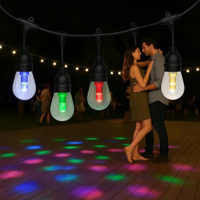 Novelty Lights Outdoor Color Changing LED S14 String Lights with Remote, 24 Feet RGB + Warm White & Cool White, 12 Shatter Resistant Bulbs on Black Wire