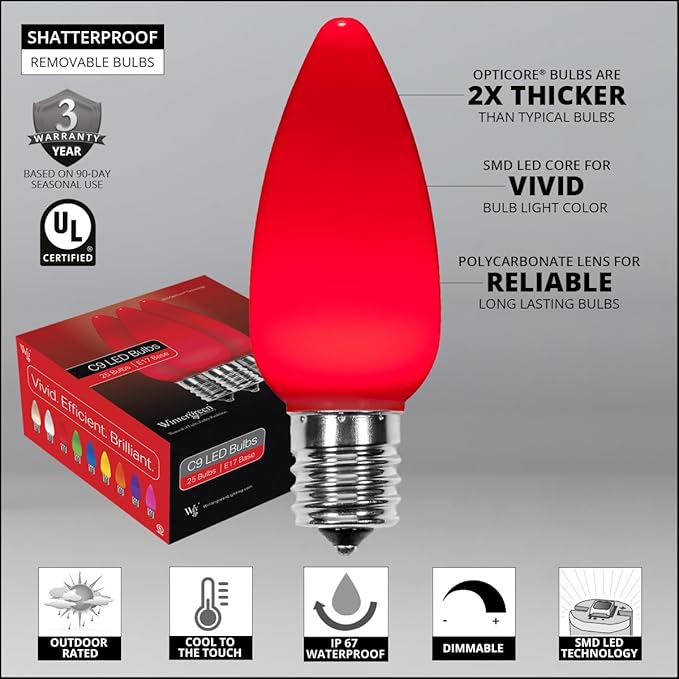 Wintergreen Lighting 100 C9 OptiCore LED Commercial Outdoor Christmas Lights – Heavy Duty Christmas String Lights; Green Wire (100 ft, Red Smooth/Opaque)