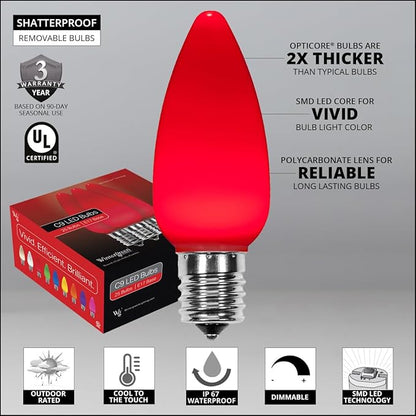 Wintergreen Lighting C9 OptiCore LED Commercial Outdoor Christmas Lights – Heavy Duty; Wedding; White Wire (25 Lights, 25 Ft, Red Smooth/Opaque)