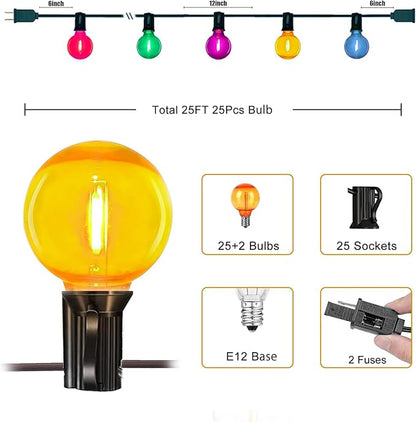 25FT Outdoor String Lights Connectable, Waterproof Multicolor LED Globe G40 Christmas Lights for Patio Xmas Tree Roof Holiday Party Decor