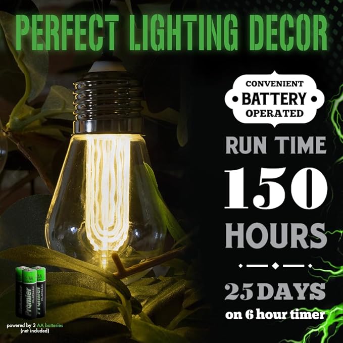 LitezAll LED Edison Bulb String Lights, Battery Operated Outdoor String Lights with Built-in Timer, Warm Glow | Lumora