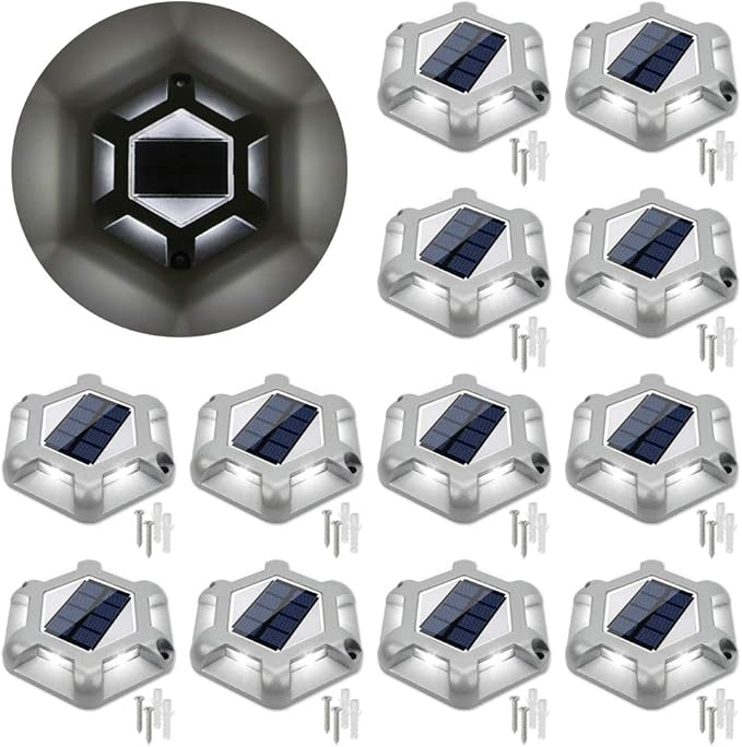 VOLISUN Solar Deck Lights Driveway Dock Lights, 12-Pack Waterproof Outdoor LED Aluminum Dock Lighting Warning Step Light for Driveway Sidewalk Garden Pathway Yard(Warm White+White,2 in 1),Auto On/Off