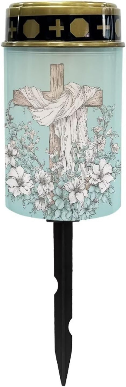 Cemetery Solar Lights for Grave Cross Printed Solar Garden Lights for Cemetery Solar Lights Outdoor Garden, Eternal Lights for Cemetery Grave Decoration