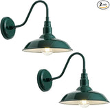 10in Outdoor Gooseneck Barn Light Wall Mount, Green Exterior Farmhouse Porch Lights with White Interior Small Dome | Lumora