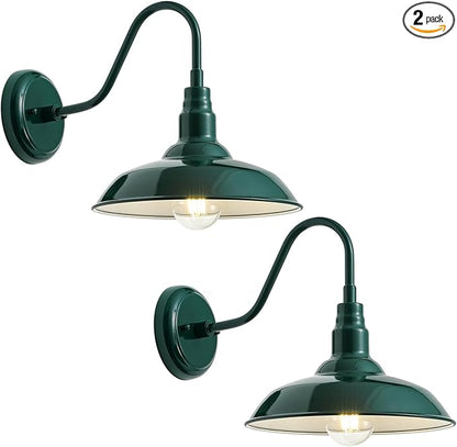 10in Outdoor Gooseneck Barn Light Wall Mount, Green Exterior Farmhouse Porch Lights with White Interior Small Dome Outdoor Patio Gooseneck Wall Sconce Garage Lighting for House, Cabin
