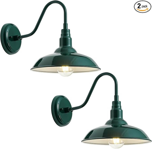 10in Outdoor Gooseneck Barn Light Wall Mount, Green Exterior Farmhouse Porch Lights with White Interior Small Dome | Lumora