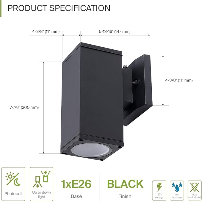 ASD 1 Light Square Dusk to Dawn Outdoor Wall Light Fixture | 60W E26 Bulb Socket 120V ETL Cylinder Up Down Lights | | Lumora