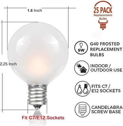 Abeja Outdoor Frosted String Lights G40-25Ft with 27 Clear Bulbs, UL Listed for Patio Garden Umbrella Bars Balcony Party Decor Indoor, E12 Base, 5W, White