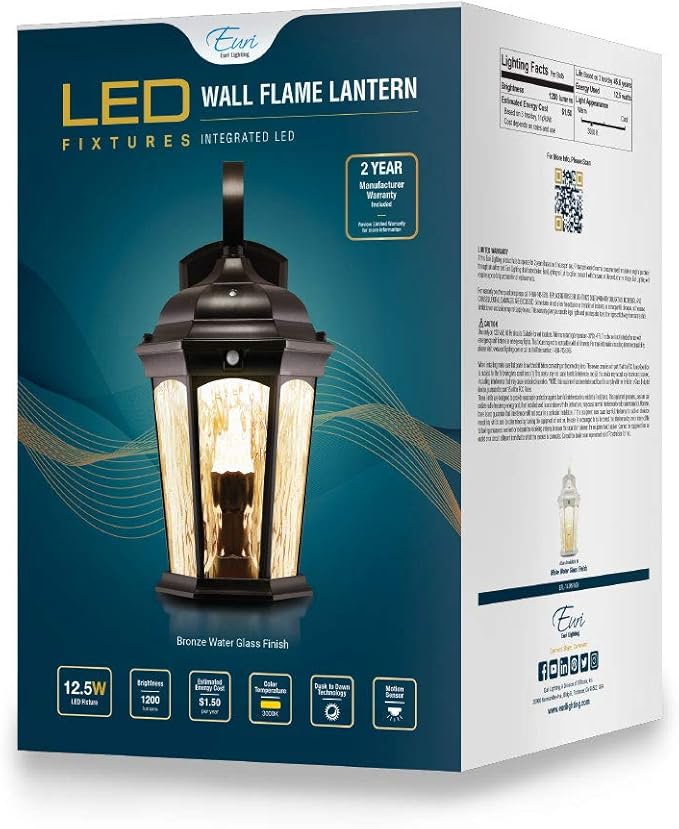 Euri Lighting EFL-130W-MD Flickering Flame Porch Light, Water Glass, with Integrated Security Light (3000K), Motion-Sensor, Dusk-to-Dawn, Oil Rubbed Bronze Housing
