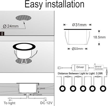 Sumaote LED Deck Lights Kit RGBW 20pcs Φ1.22 Low Voltage Recessed Deck Lamp In-ground Lights Waterproof Outdoor Yard Path Stairs Steps Landscape Decor, Multicolor & Warm White Lighting, Black Shell