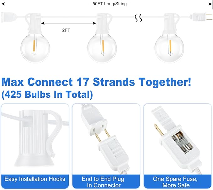 Bosceos Outdoor G40 LED Globe String Lights 50FT Dimmable Shatterproof Waterproof Patio Lights with 25+2 Bulbs | Lumora