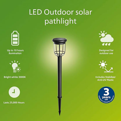 Philips LED Capri Outdoor Solar Pathlight, 1-Pack, Long-Lasting Solar Powered LED Light, Bright White Light, 3000K, 50 Lumens, IP44, Black