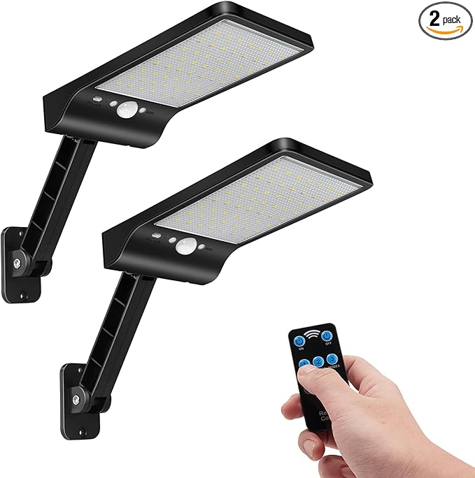 Aqonsie 56LED Solar Flood Light, Outside Security Motion Sensor Lights with Remote, 3 Lighting Modes with Remote for Backyard Gutter Garage Shed 2 Pack