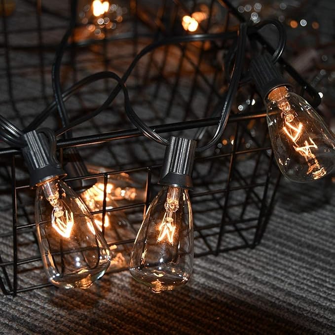 ST38 Outdoor Edison String Lights with 11 Clear Globe Bulbs and 10 Pack ST38 Replacement Light Bulbs, C7/E12 Screw Base, Black Wire