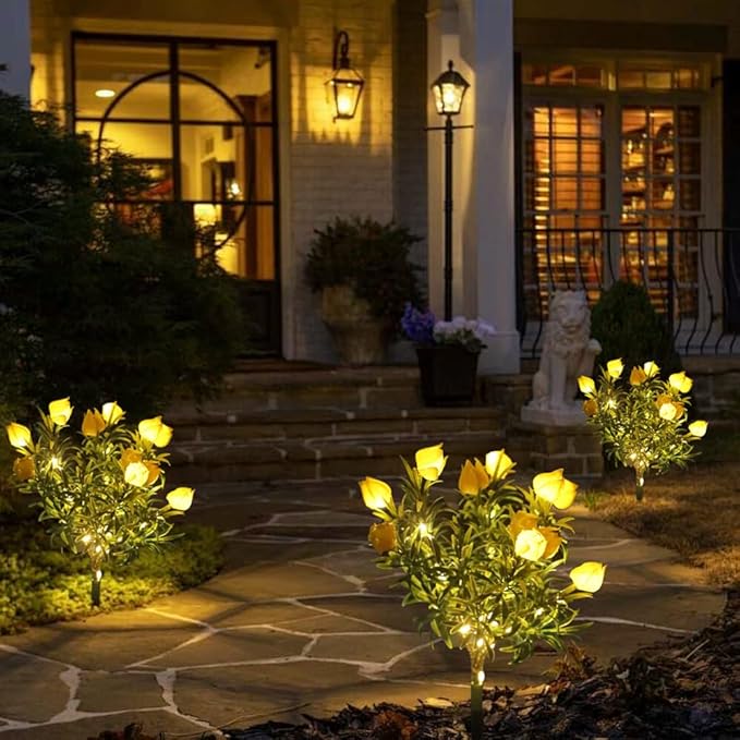 Solar Flower Lights Outdoor Realistic Tulip Gardenia Tree Lamps Wireless Design IP65 Waterproof Auto Day 6-8h/Night 8-10h Larger Solar Panel