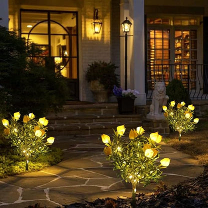 Solar Flower Lights Outdoor Realistic Tulip Gardenia Tree Lamps Wireless Design IP65 Waterproof Auto Day 6-8h/Night 8-10h Larger Solar Panel