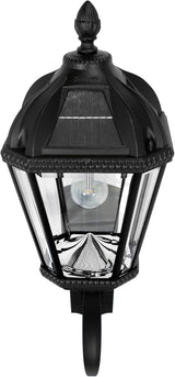 Gama Sonic Solar Outdoor Wall Light, Royal Bulb Exterior Sconce Lamp, Black Cast Aluminum, Clear Beveled Glass | Lumora
