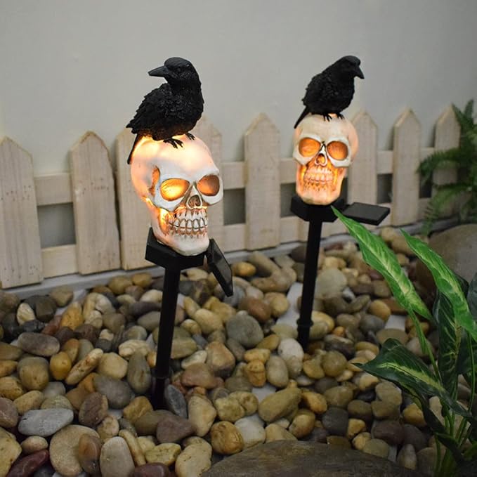 2 Packs of LED Solar Crow Skull Lights, Halloween Outdoor Atmosphere Decoration lamp, and Cute Resin Crow Skull Courtyard Landscape Lights.