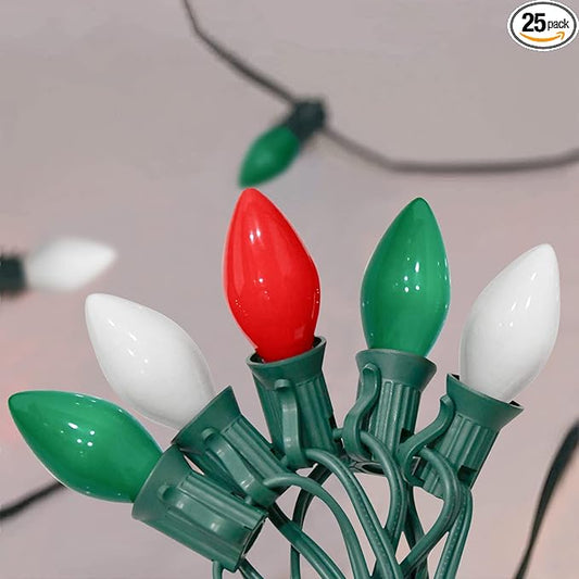 GOOTHY 25Ft Christmas Lights Outdoor, C7 Vintage Christmas Lights with 27 Red White and Green Ceramic Bulbs, Hanging Outdoor Decorations Light Waterproof for Holidays Patio Garden Party Roofline