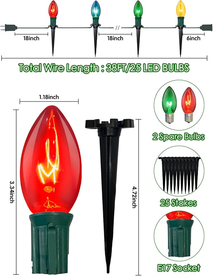 SUNSGNE Christmas Pathway Lights Outdoor, 38FT Colored Christmas Lights with 25 C9 Multicolor Bulbs and 25 Plastic | Lumora